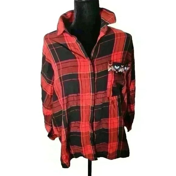Zara Womens Red And Black Plaid Embroidered And Embellished Long Sleeve Top L - Picture 2 of 14